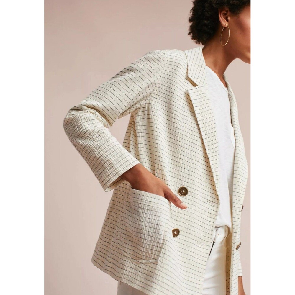 ANTHROPOLOGIE Cartonnier Women’s Double Breasted Pinstripe Blazer Jacket MEDIUM - Picture 8 of 16